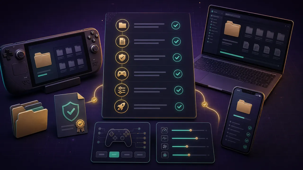 Dusk Steam Deck install guide with checklist and handheld setup panels